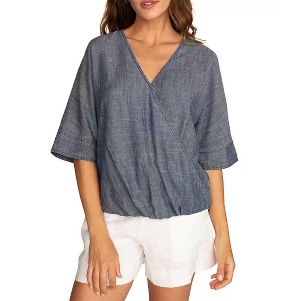 TRINA TURK Chrysanthemum Denim Wrap Top Kimono Sleeve Blue XS NWT
